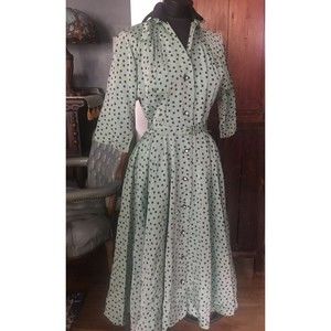 True Vintage 1950's  Aqua polka dot dress Original Lucy Fitted Swing Skirt Sz M